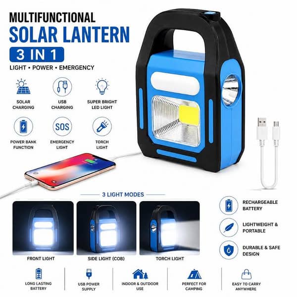 T  3-in-1 Rechargeable Emergency Camping Light – Super Bright COB LED Lantern, Side Torch & Top Light with USB Charging | Portable Outdoor Lamp for Camping, Fishing, Hiking, Home Backup & Load Shedding