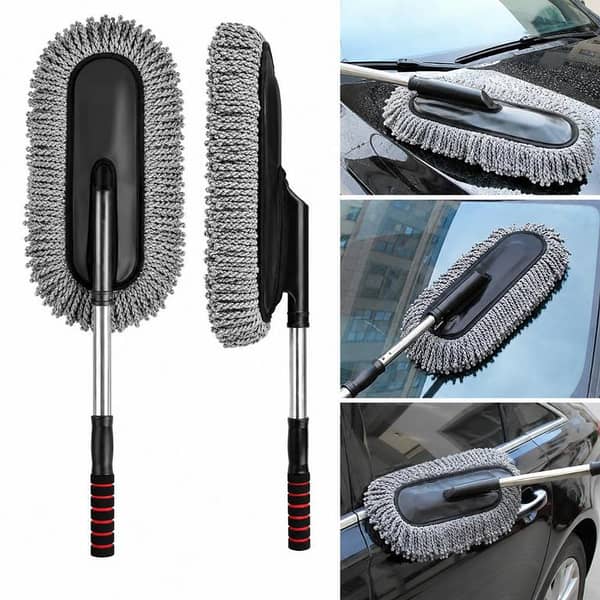 T  Car Wash Cleaning Brush with Microfiber Mop – Telescopic Long Handle Dusting Tool, Scratch-Free Car Duster, Auto Cleaning Wax Brush for Interior & Exterior Use