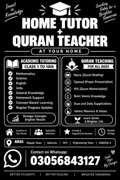 Home Tutor + Quran Teaching