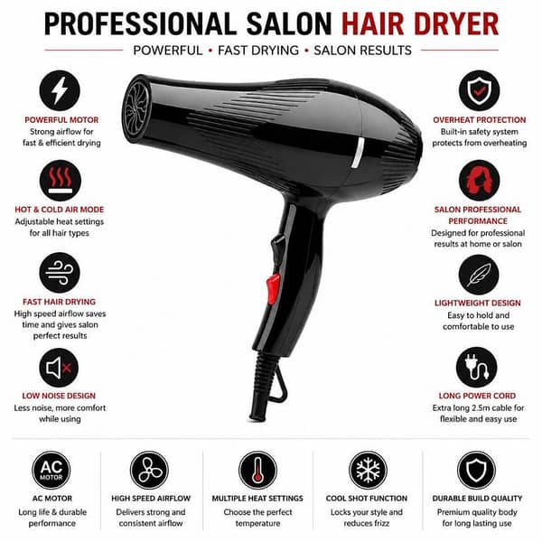 T  Professional Salon Hair Dryer for Women & Men – Standard & High Quality Fast Drying Electric Blow Dryer with Hot & Cool Air Modes | Low Noise Portable Hair Styling Tool with Overheat Protection for Salon & Home Use