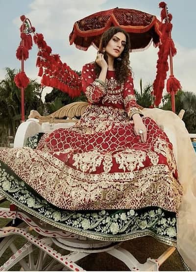 Red Heavy Embroidered Bridal Maxi - Gold Zari Work with Velvet Border