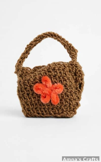 Brown Crochet Mini Handbag For Girls With Orange Flower