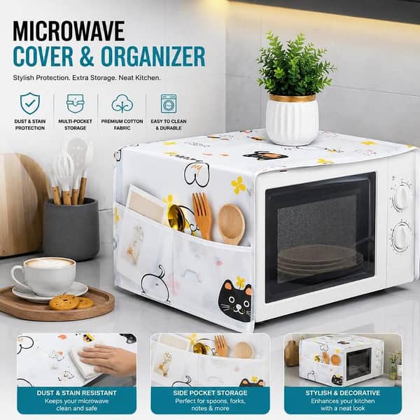 T  Kitchen Microwave Oven Dust Cover with Storage Pockets – Oil Proof & Dustproof Printed Microwave Top Cover Organizer for Kitchen Appliances | Decorative Microwave Protector Cloth Cover for Oven, Toaster & Kitchen Storage Use