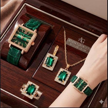 5pcs Watches Set Luxurious Crocodile Pattern Emerald Belt Square Quartz Watch and Diamond Jewelry Set for Women R3358