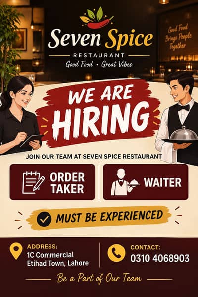 Staff required for Restraunt order taker and waiter