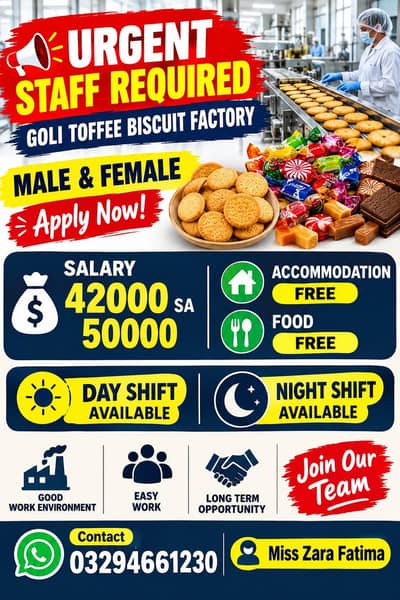 Urgent staff required biscuit and toffee factory male both