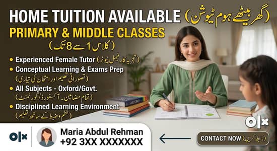 Experienced Female Home Tutor Available for Primary & Middle Classes