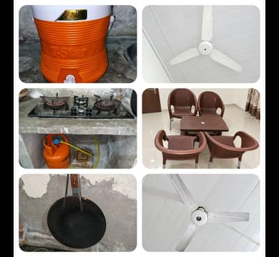 Chairs table + 2 Fans + Gas celender with modren chulha, Kolar ur Tawa