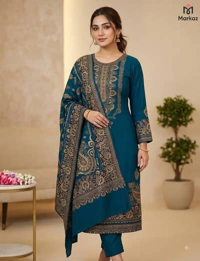 Luxury Teal Embroidered Lawn Suit with Dupatta