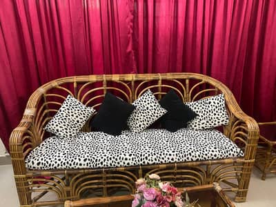 4-Seater Cane Sofa Set with 3 Glass Tables (6 Pcs)