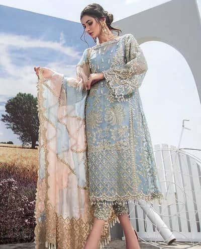 Heavy Embroidered Organza 3-Piece Suit (Sky Blue)