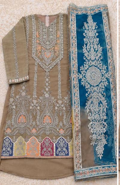 Mehndi Mayoon Dress Olive Brown Palazzo with Maroon and yellow dupptta