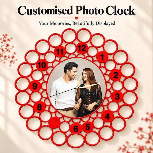 Customized Photo Wall Clock – Custom Picture Clock with Red Circular Design – Wedding, Anniversary & Birthday Gift
