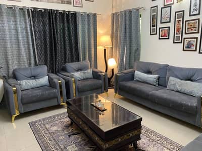Luxury Tufted Charcoal Grey 5-Seater Sofa Set with Gold Arms