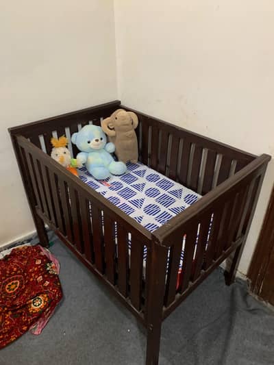 Solid Wood Baby Cot / Crib with Mattress – Dark Brown, Good Condition