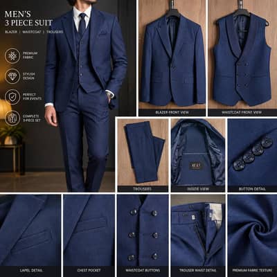 Premium Navy Blue 3-Piece Men’s Suit – Blazer, Waistcoat & Trousers