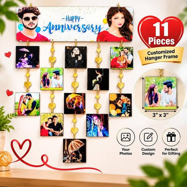 Customised Photo Hanger Frame 11 Pieces, Personalised Hanging Photo Display with Heart Chains, Anniversary Gift Wall Decor for Couple, Family & Special Memories