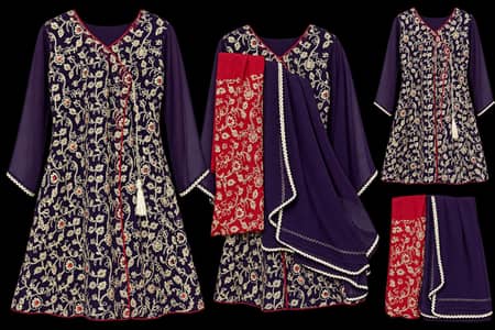 Purple red Unrkaha frock with trousers and dupata