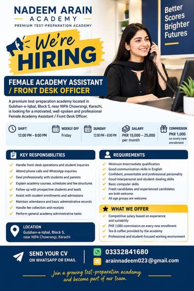 Female Academy assistant/receptionist