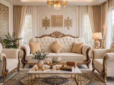 Luxury Turkish Shahi 5 Seater Sofa set off white & gold Factory price