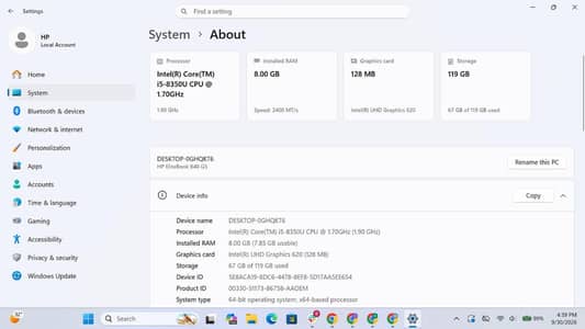 HP Core i5 8th Gen Laptop – 8GB RAM | 128GB SSD