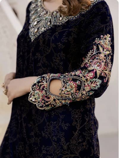 pishwas in blue by rafiya velvet embroidered long maxi dress