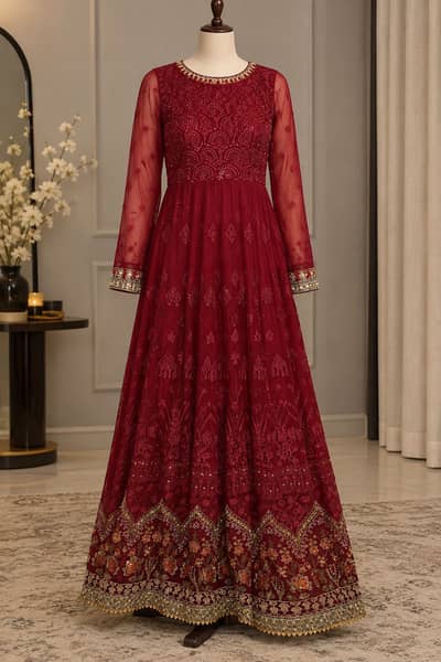 Elegant Deep Maroon Embroidered Anarkali Maxi Dress
