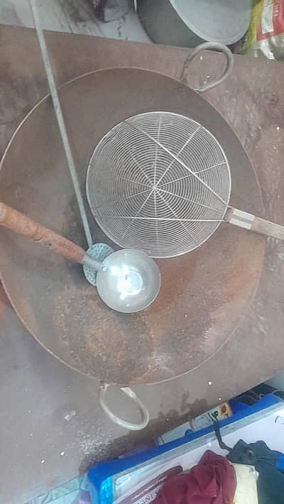 Samosa roll chicken frying karahi, steel trays etc
