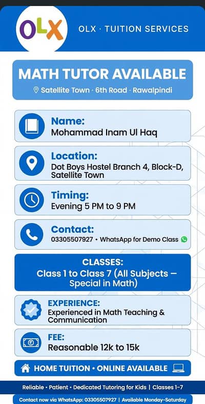 Mathematics Tutor Class 1 to 7   satellite town Rawalpindi