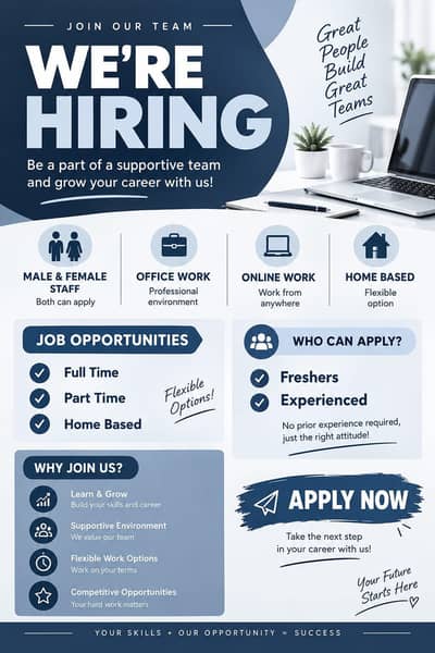 Male & Female Staff Required – Office, Online & Home-Based Work