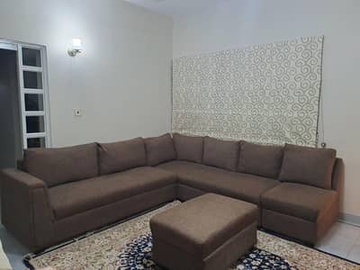 L-Shape Sofa Set with Ottoman – Brown Fabric