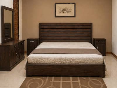 low profile bed with two side tables