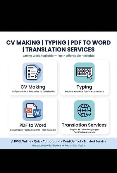 Typing | CV Making | PDF to Word | English to Urdu