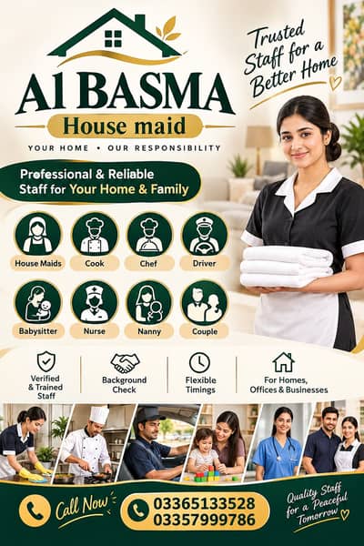House Maid, Babysitter, Patient Care, Nanny, Nurse, Driver, Chef, Cook