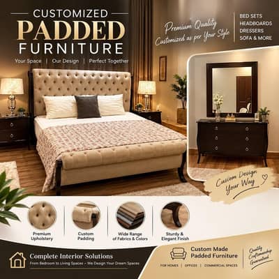 Luxury Customized Tufted Padded Bed Set with Matching Dresser & Mirror