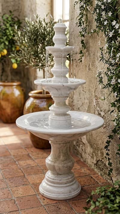 Elegant Ziarat White Marble Water Fountain – Classic Outdoor Feature