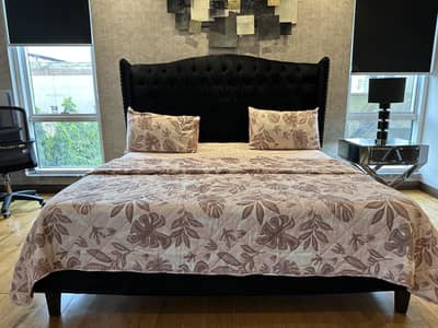 Luxury Black Suede Upholstered Bed with Tufted Headboard