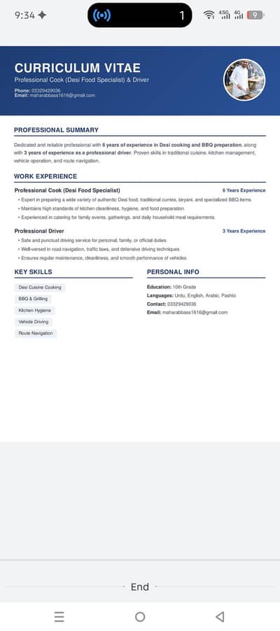 5 year experience cooking and driver