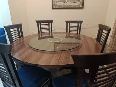 6-Seater Round Wooden Dining Table with Glass Top