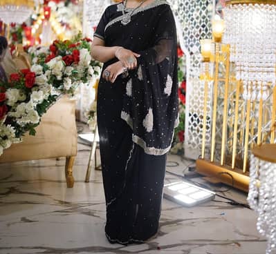 Black chiffon saree with sliver handmade work for saree