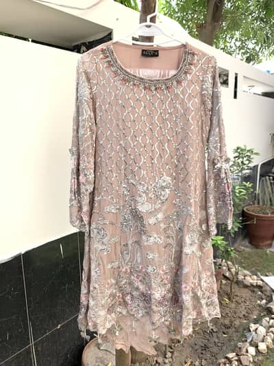 Embroidered Net Formal Party Wear Dress – Pink & Silver
