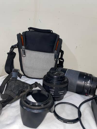 Canon eos 1200D with orignal lens plus 50 mm lens plus 75 300 lens