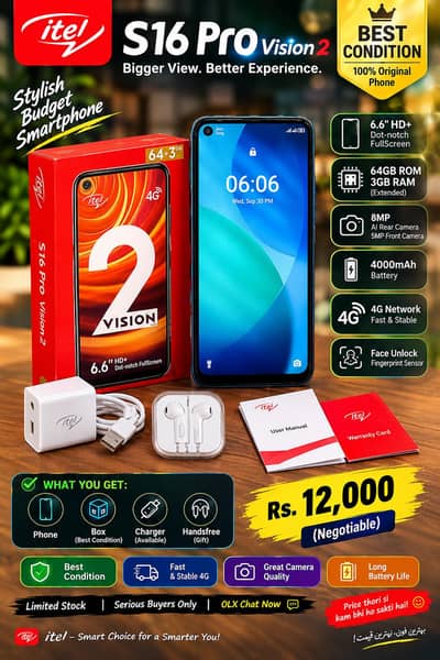 Itel s16 pro vision 2 box open phone 10/10 condition