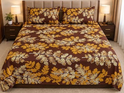 Premium Floral Bed Sheet Set – Brown & Golden Design