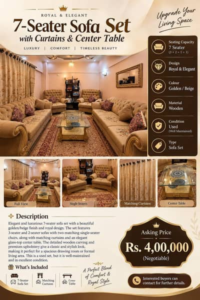 Royal 7-Seater Sofa Set with Curtains & Center Table