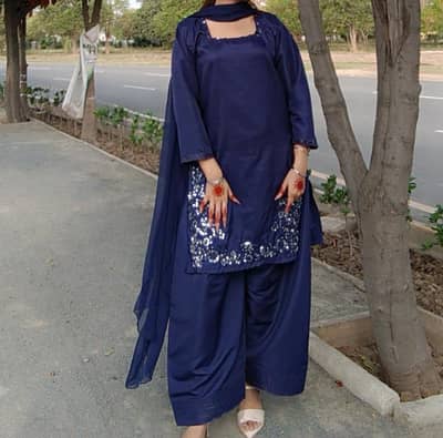 Navy Blue Embroidered 3-Piece Suit