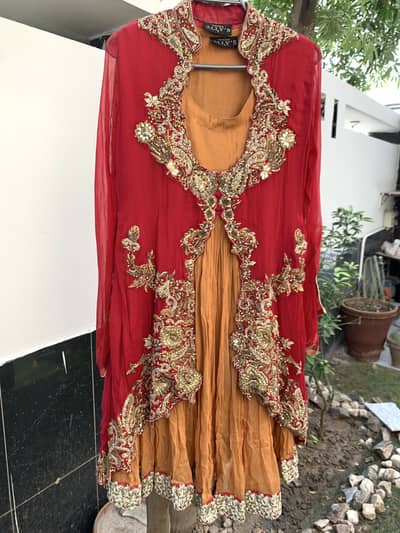 Red & Mustard Formal Embroidered Dress | Heavy Gold Work