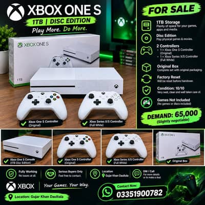 Xbox One S 1TB Disc Edition + 2 Original Controllers | With orgnl box