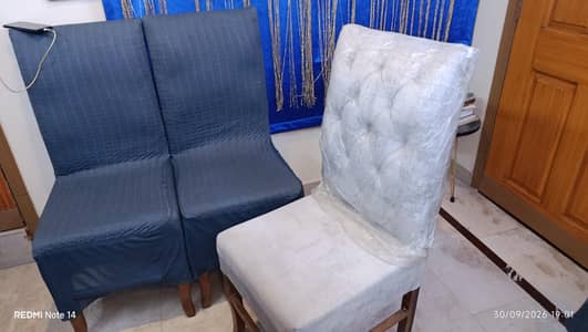 6 wooden dining chairs in grey velvet colour