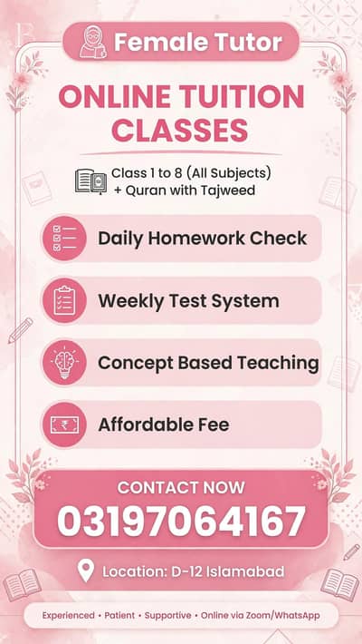online female tutor( class nursery to 8)
